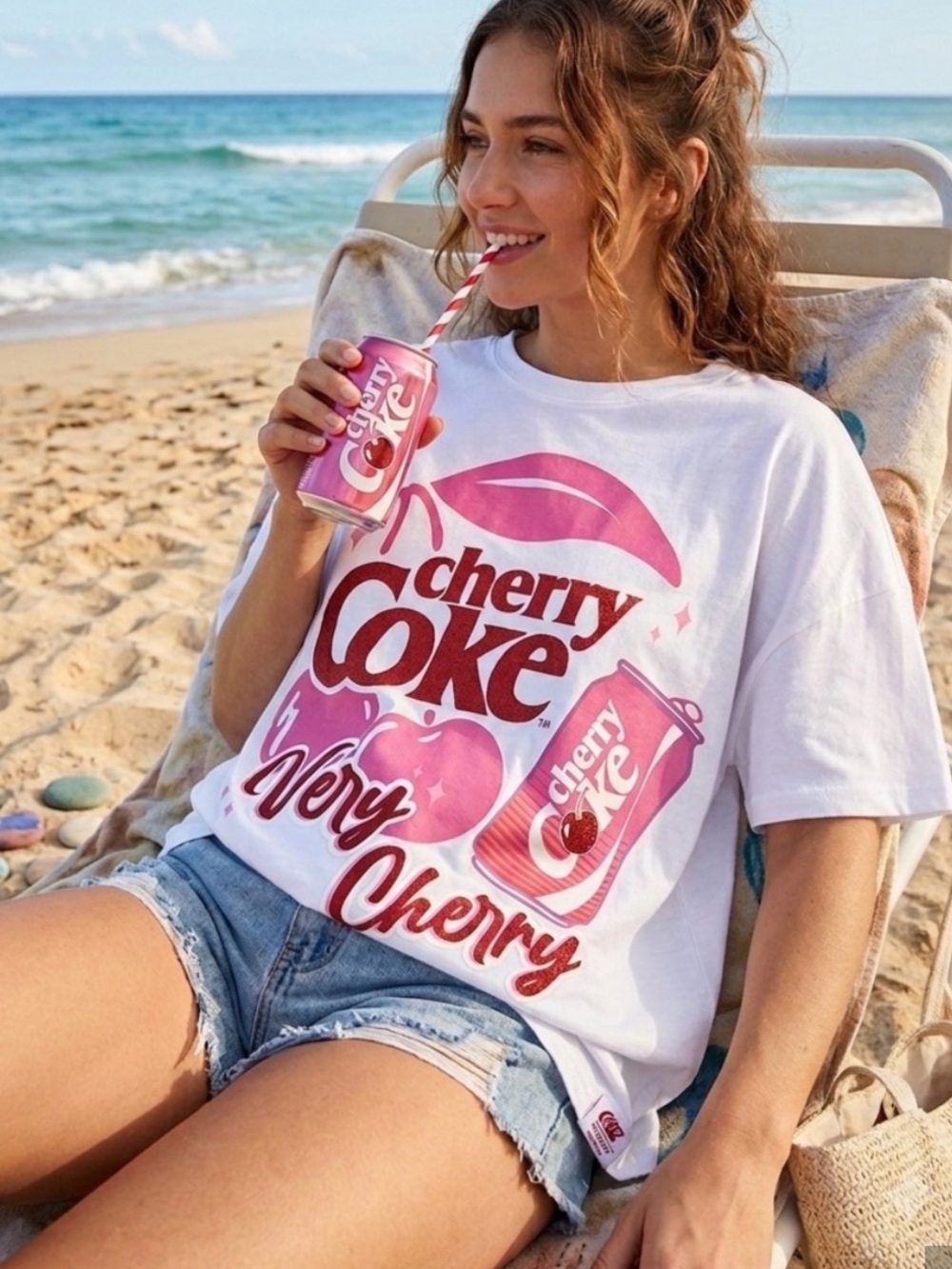 Coca Cola White Cherry Coke Graphic Tee with Pink & Red Print XS